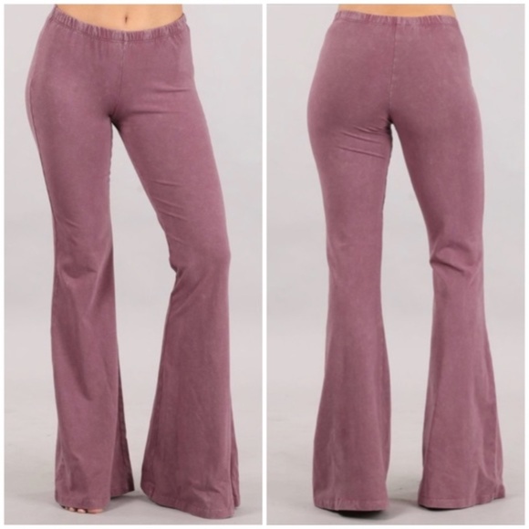 Dusty Rose Boho Mineral Wash Stretch Flared Bell Bottom Casual Pants - Picture 1 of 6